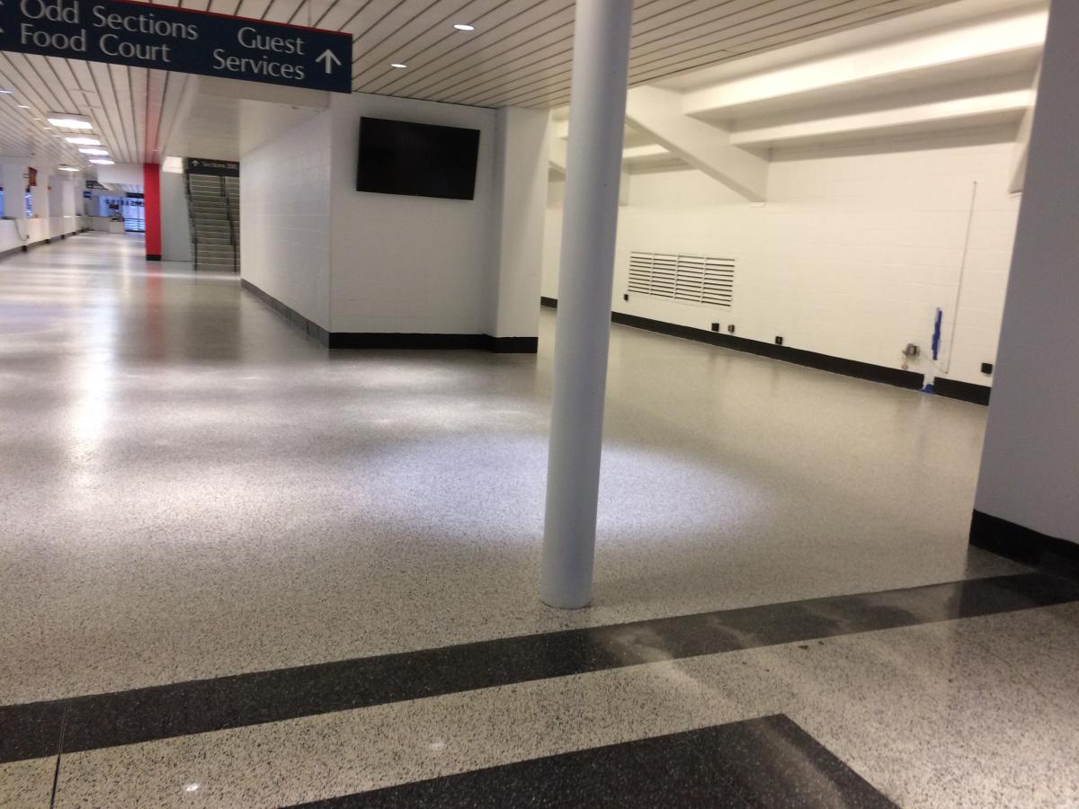 Decorative vinyl flake epoxy flooring is an excellent choice to match existing terrazzo surfaces.